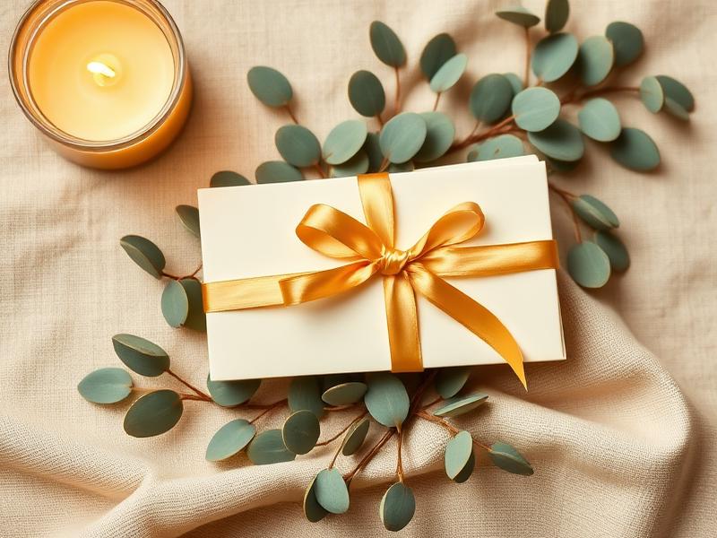 An elegant massage gift card with a gold ribbon on sage eucalyptus leaves